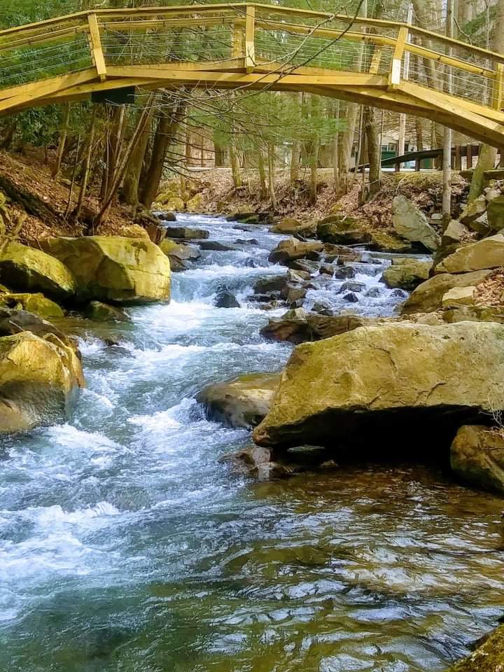 bridge over whitewater and rocks at Linn Run State park