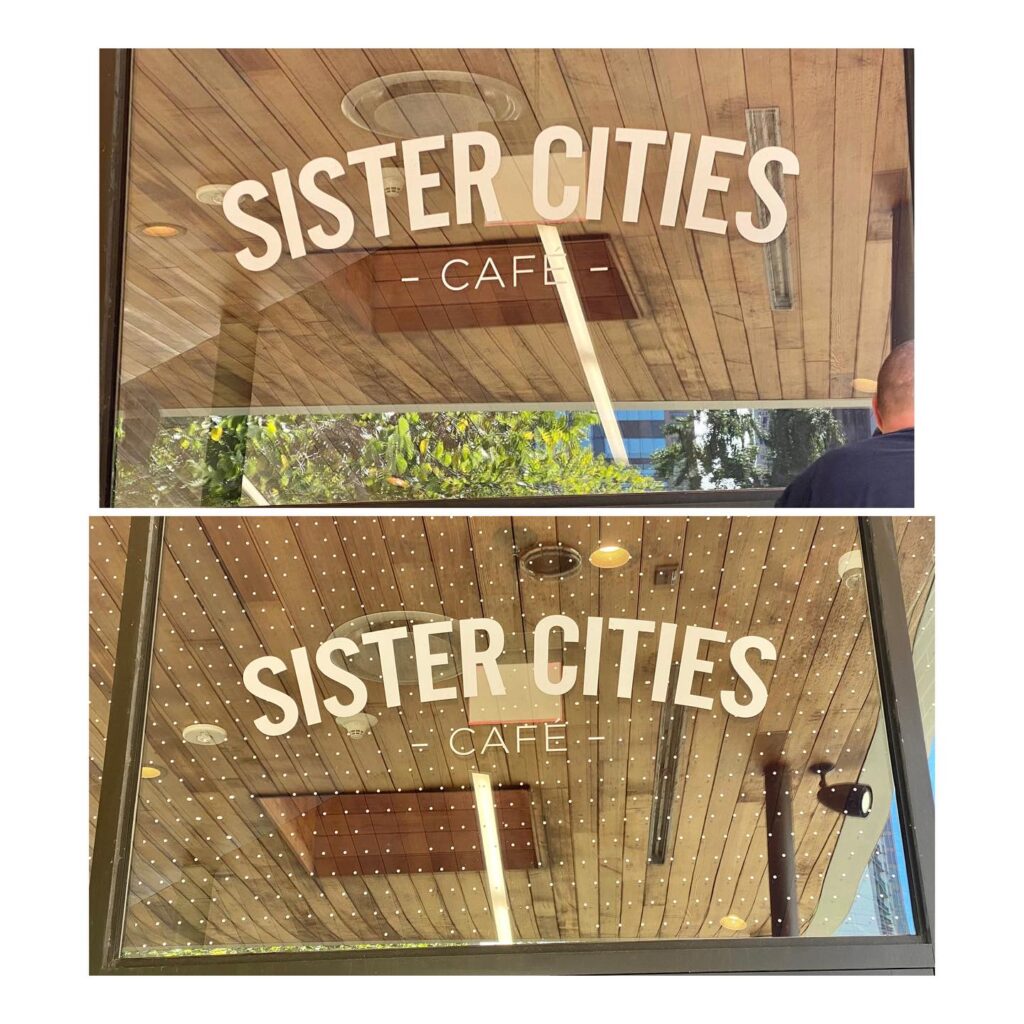 Sister Cities Cafe in Philadelphia applied bird safe window stickers | Photo by Stephen Maciejewski