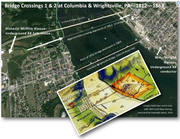 Image is of a modern map in Columbia showing both sides of the river. There is a small inset image of what is predicted to be the path and locations as part of the underground railroad.